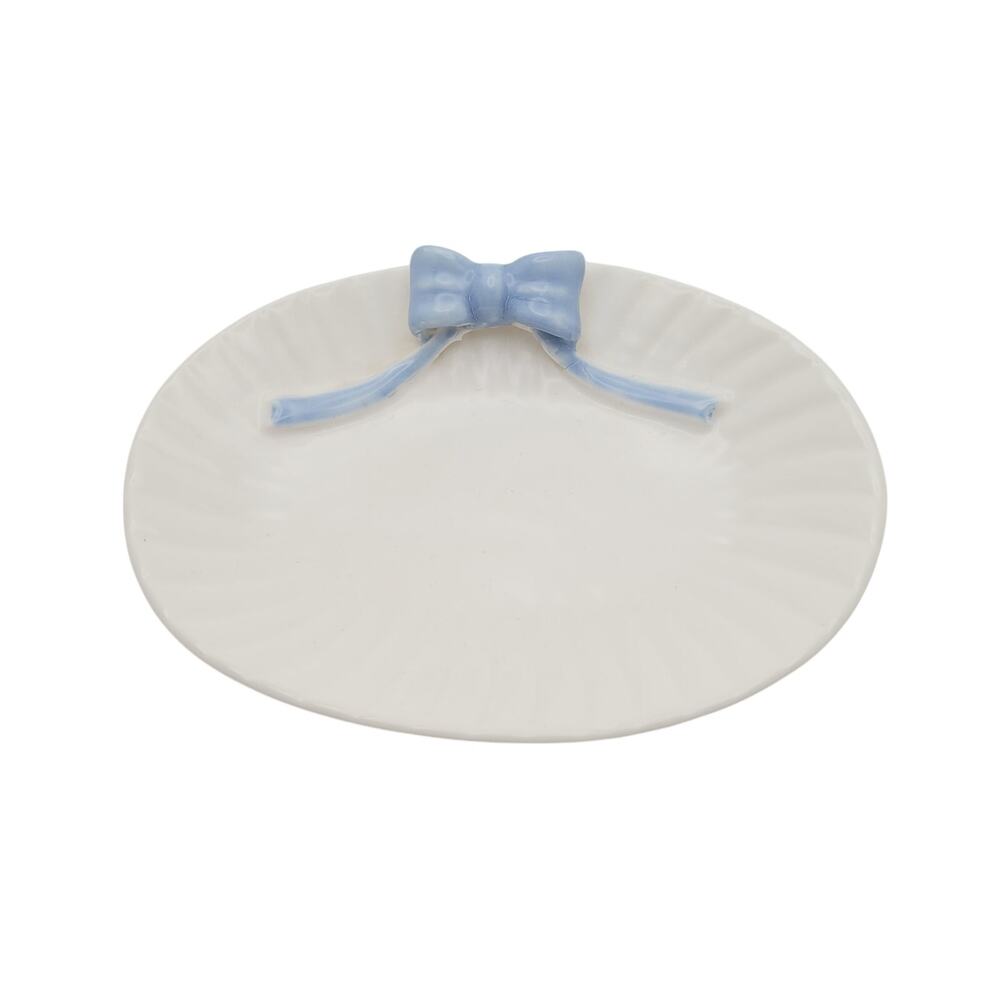 White Ceramic Oval Dish Blue Bow Trinket Plate Soap Dish Cottage Coquette Decor